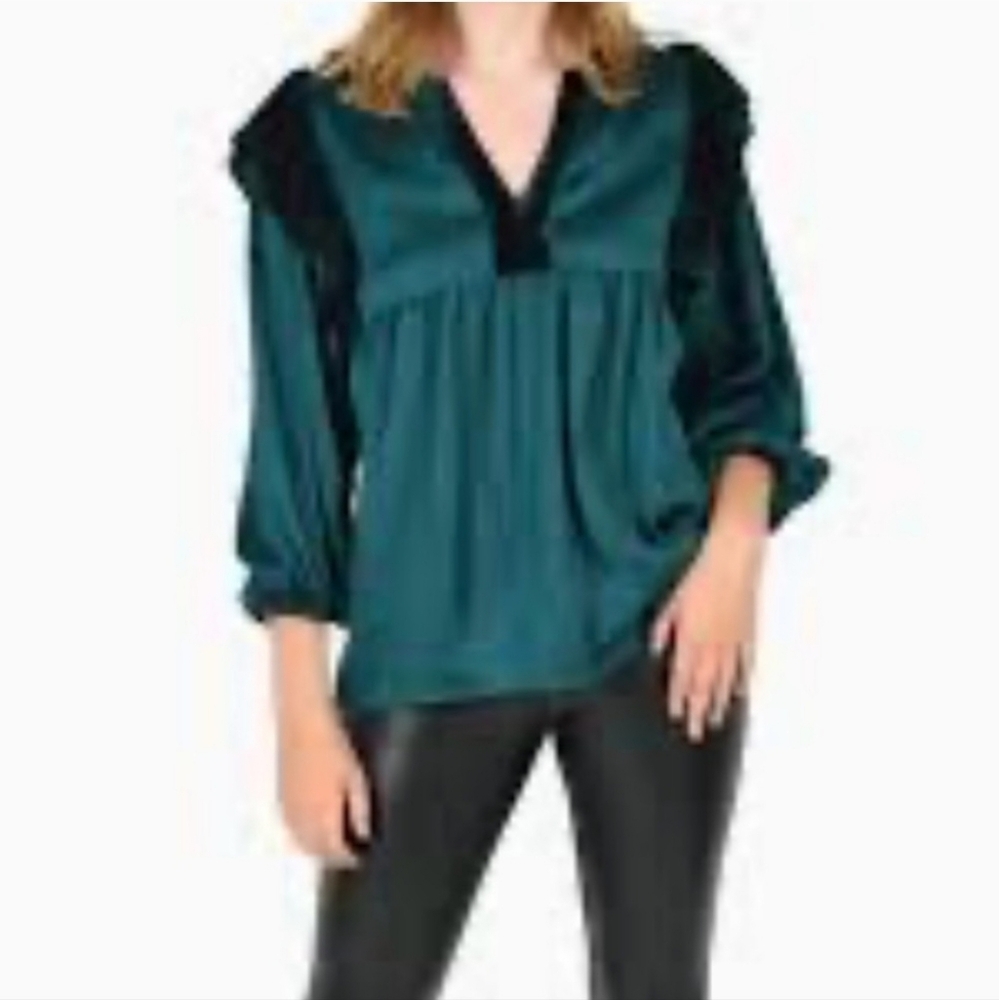 Emily McCarthy Penelope Green Velvet Trim Ruffle  Blouse XS‎